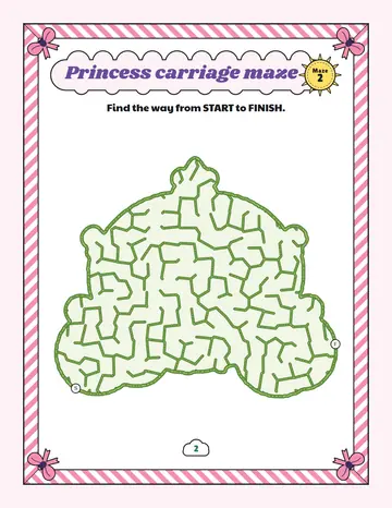 Princess carriage maze printable: an easy unicorn maze inside a princess carriage shape