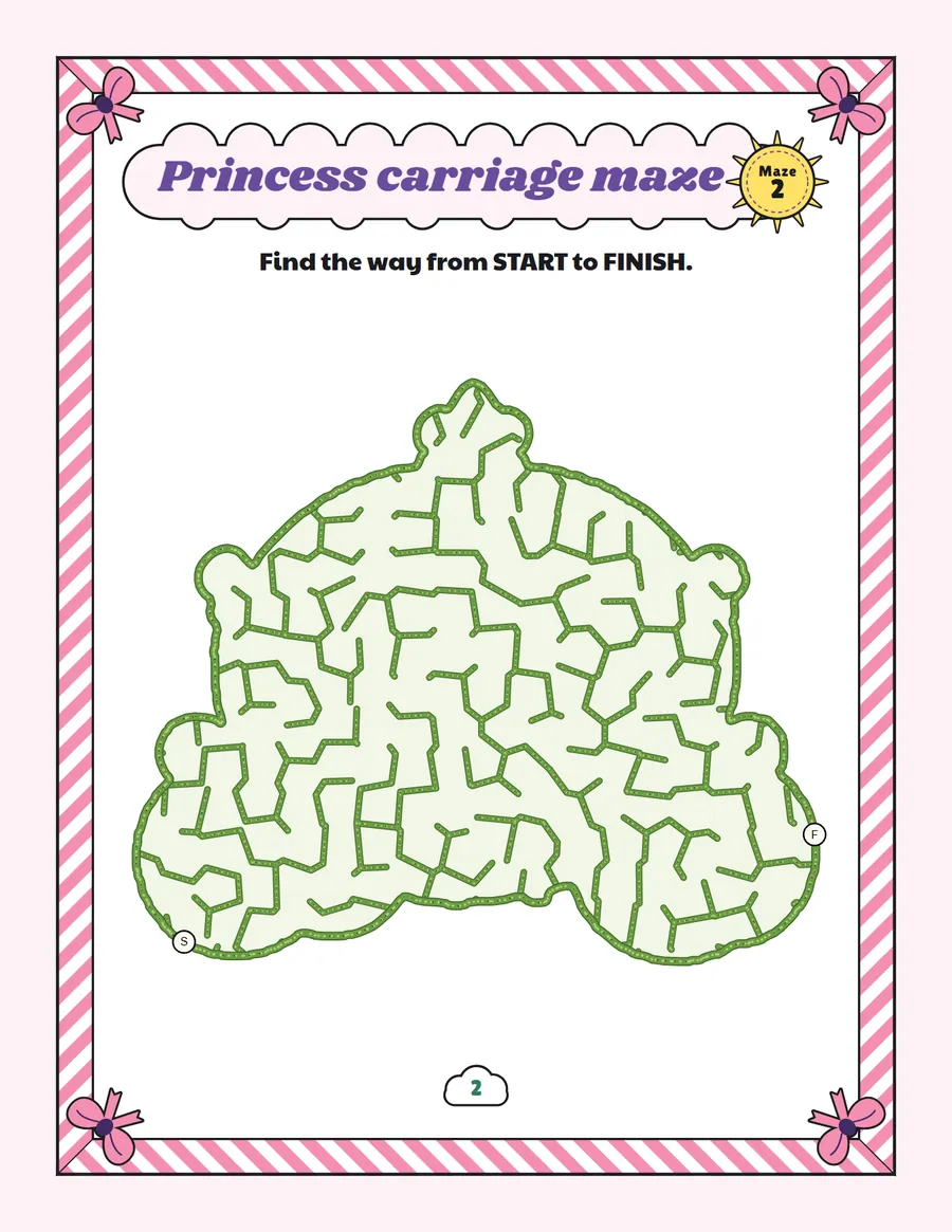 Princess carriage maze printable: an easy unicorn maze inside a princess carriage shape