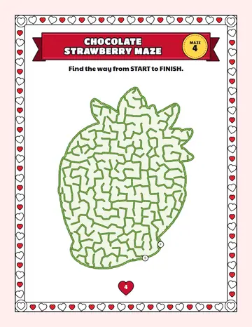 Chocolate strawberry maze printable: a gentle Valentine's Day maze inside a chocolate strawberry shape