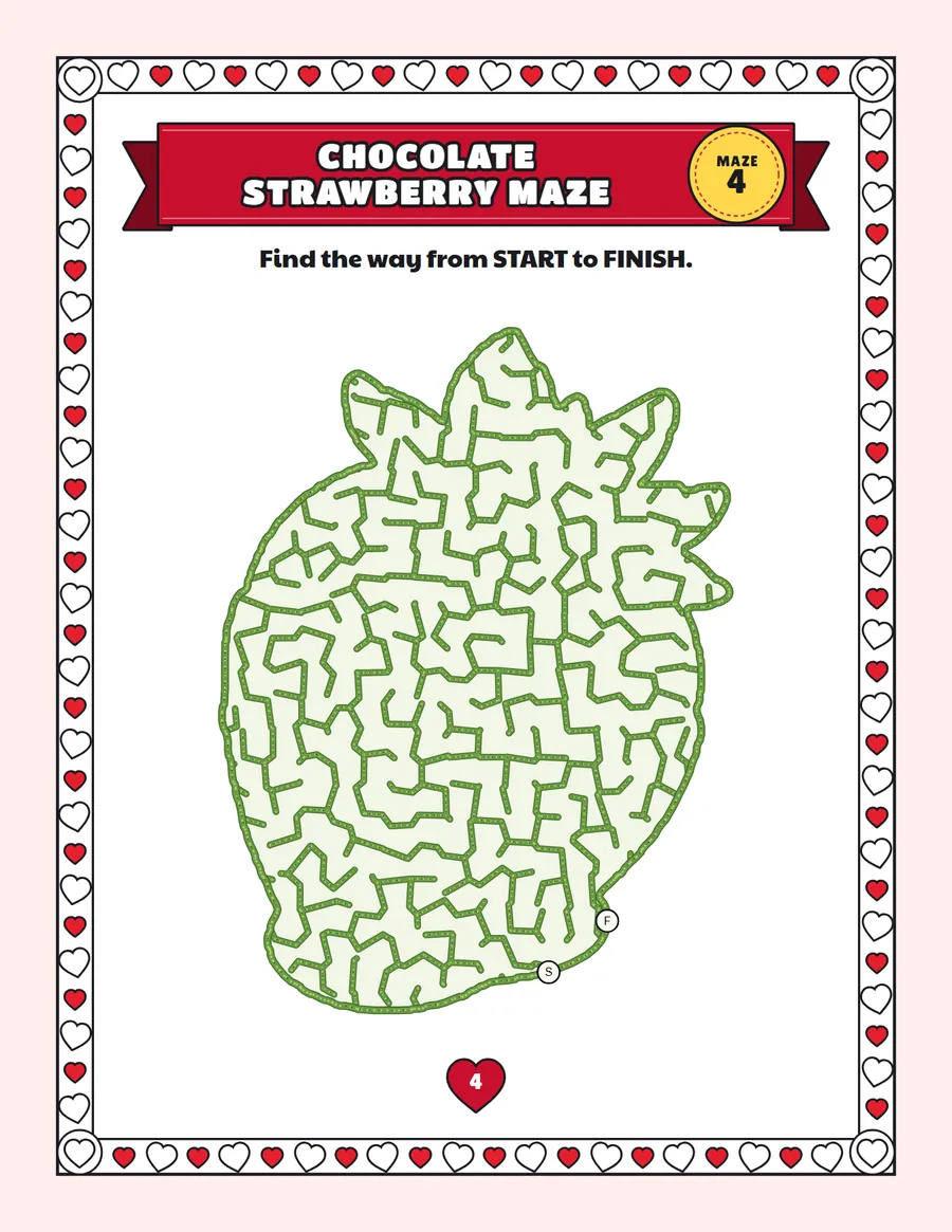 Chocolate strawberry maze printable: a gentle Valentine's Day maze inside a chocolate strawberry shape