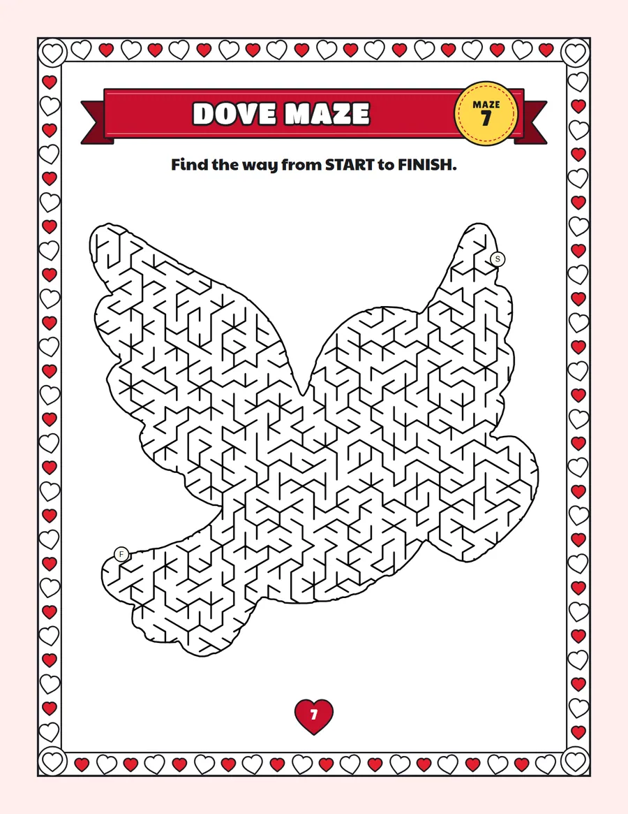 Dove maze printable: a hard Valentine's Day maze inside a dove shape