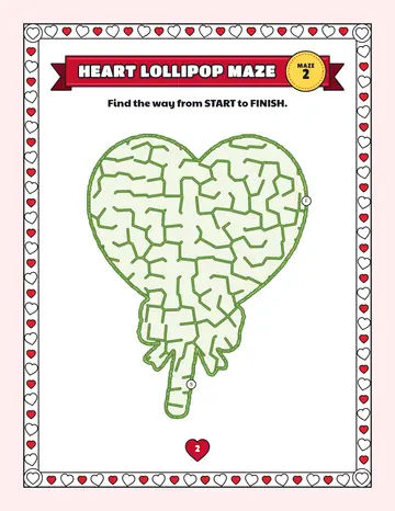 Heart lollipop maze printable: an easy Valentine's Day maze inside a heart lollipop shape