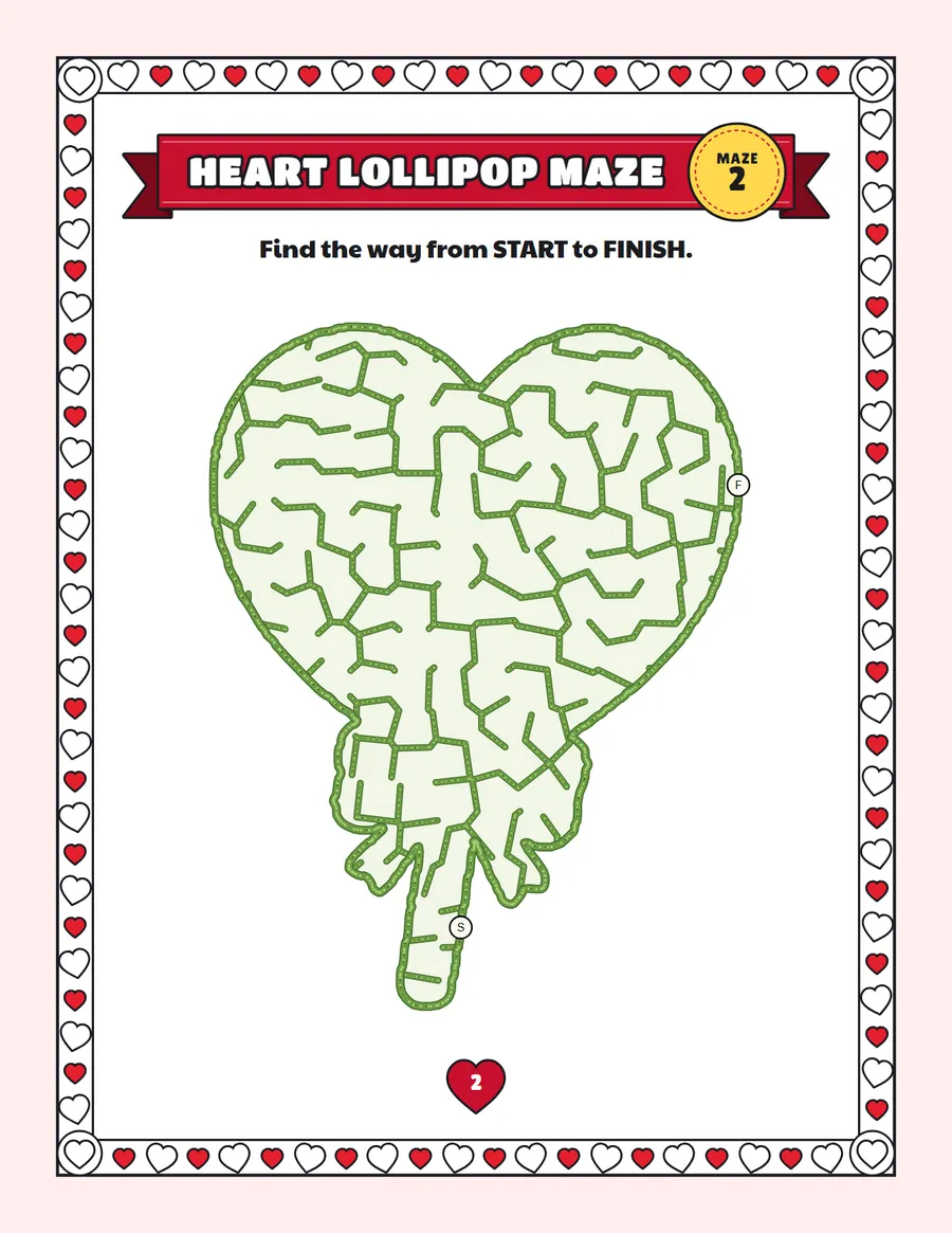 Heart lollipop maze printable: an easy Valentine's Day maze inside a heart lollipop shape