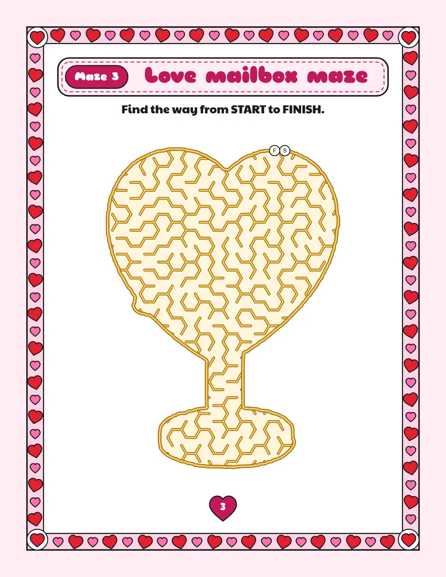 Love mailbox maze printable: a gentle Valentine's Day maze inside a love mailbox shape