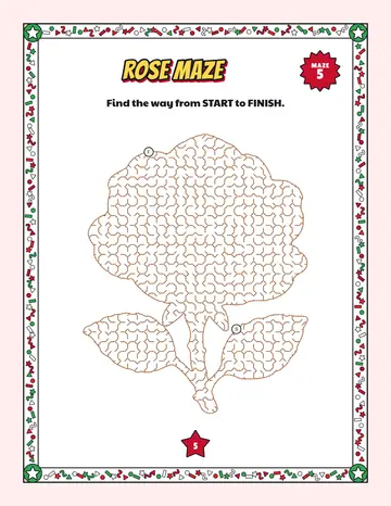 Rose maze printable: a medium Valentine's Day maze inside a rose shape