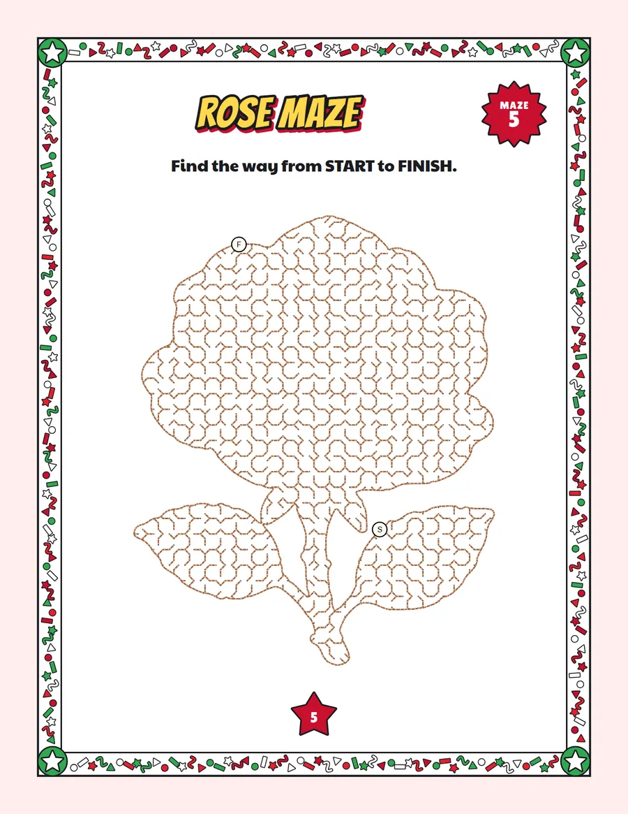 Rose maze printable: a medium Valentine's Day maze inside a rose shape