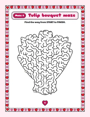 Tulip bouquet maze printable: a medium Valentine's Day maze inside a tulip bouquet shape