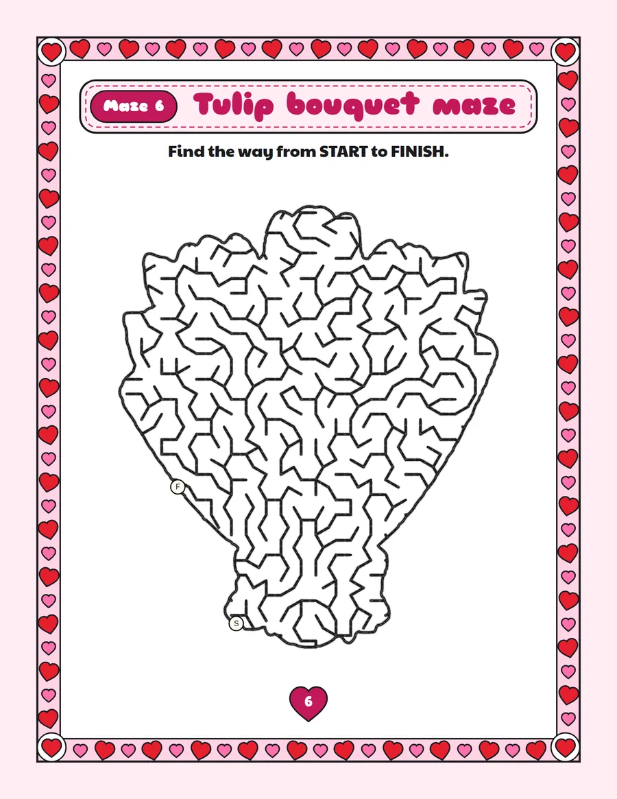 Tulip bouquet maze printable: a medium Valentine's Day maze inside a tulip bouquet shape