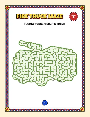 Fire truck maze printable: a gentle vehicle maze inside a fire truck shape