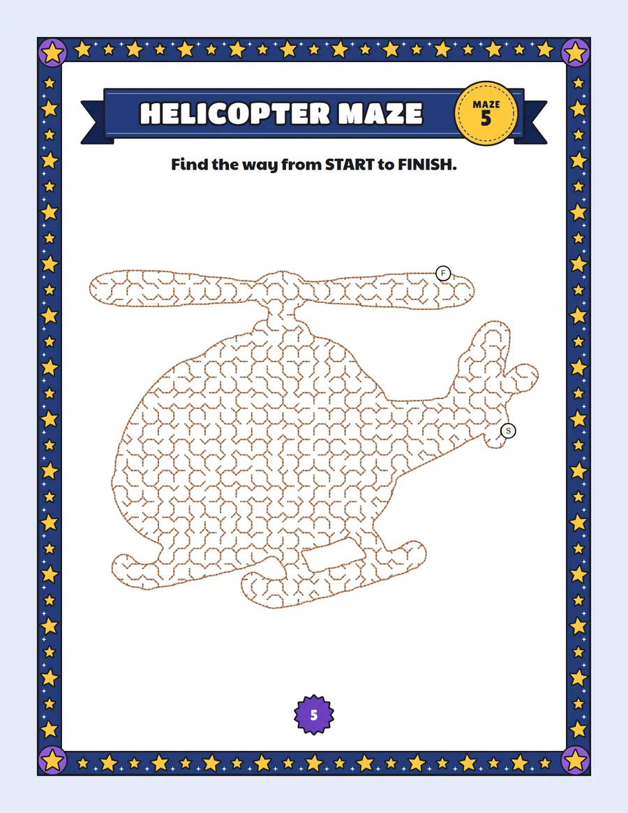 Helicopter maze printable: a medium vehicle maze inside a helicopter shape