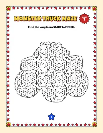 Monster truck maze printable: a hard vehicle maze inside a monster truck shape