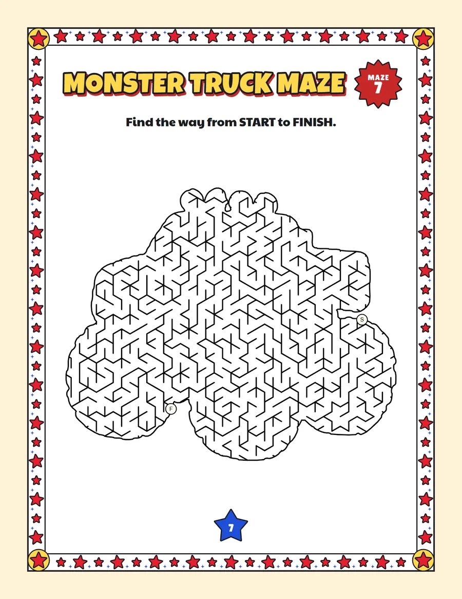 Monster truck maze printable: a hard vehicle maze inside a monster truck shape