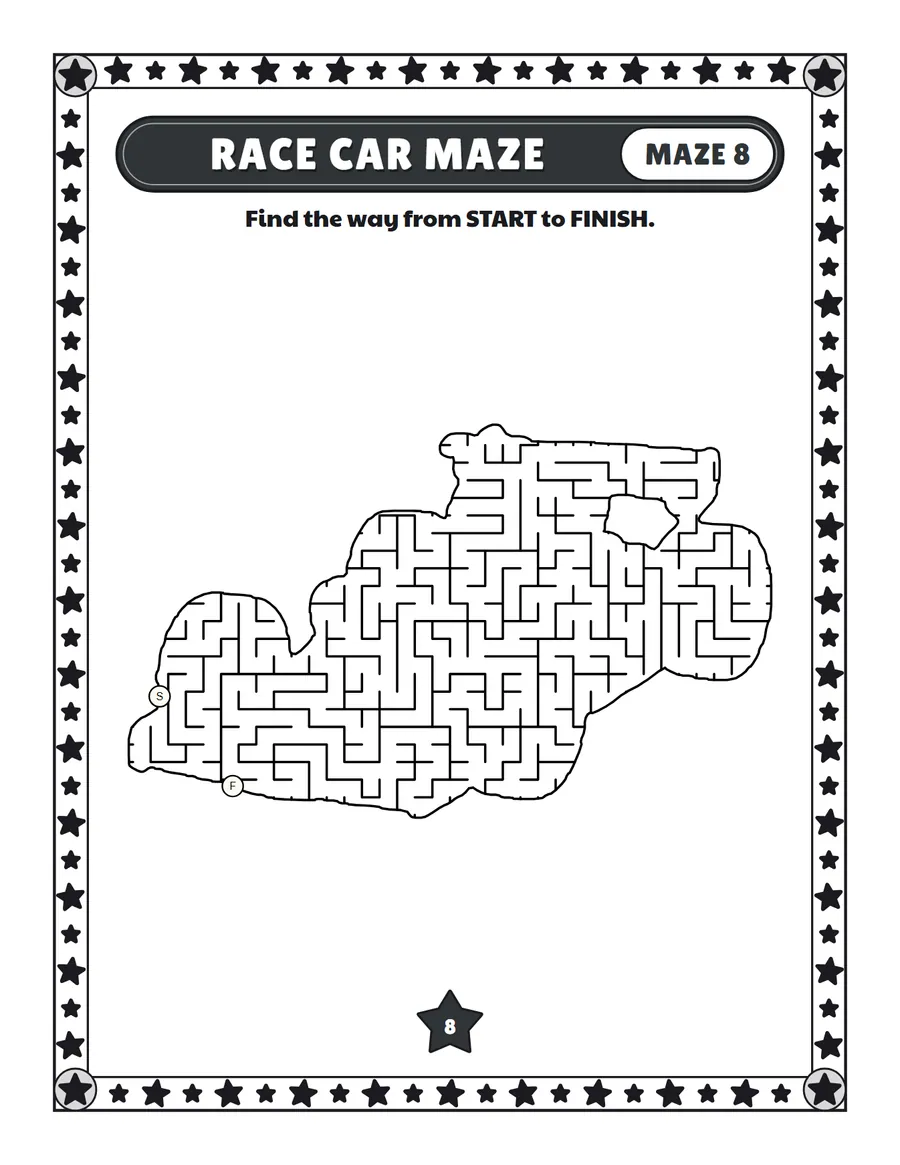 Race car maze printable: a hard vehicle maze inside a race car shape