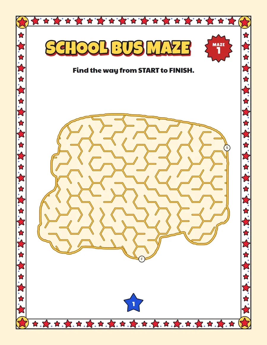 School bus maze printable: an easy vehicle maze inside a school bus shape