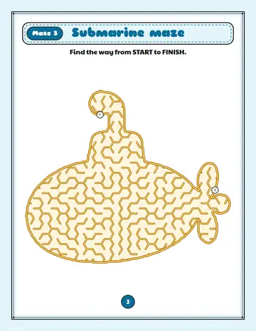 Submarine maze printable: a gentle vehicle maze inside a submarine shape