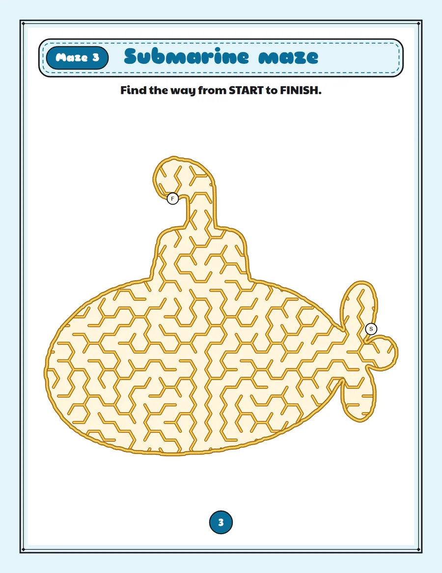 Submarine maze printable: a gentle vehicle maze inside a submarine shape