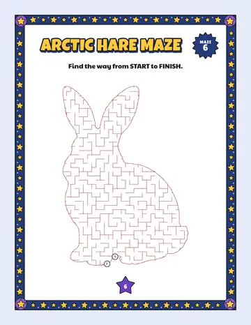 Arctic hare maze printable: a gentle winter maze inside an arctic hare shape