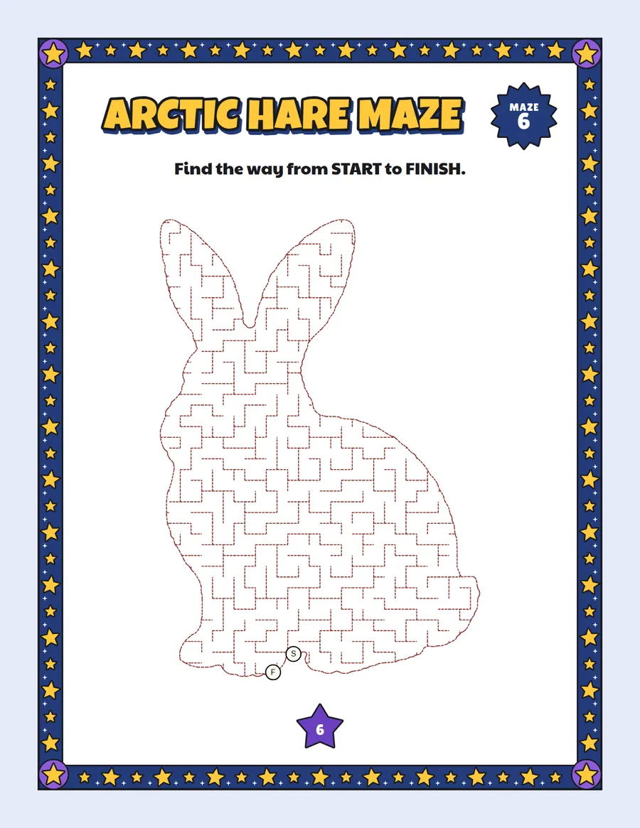 Arctic hare maze printable: a gentle winter maze inside an arctic hare shape