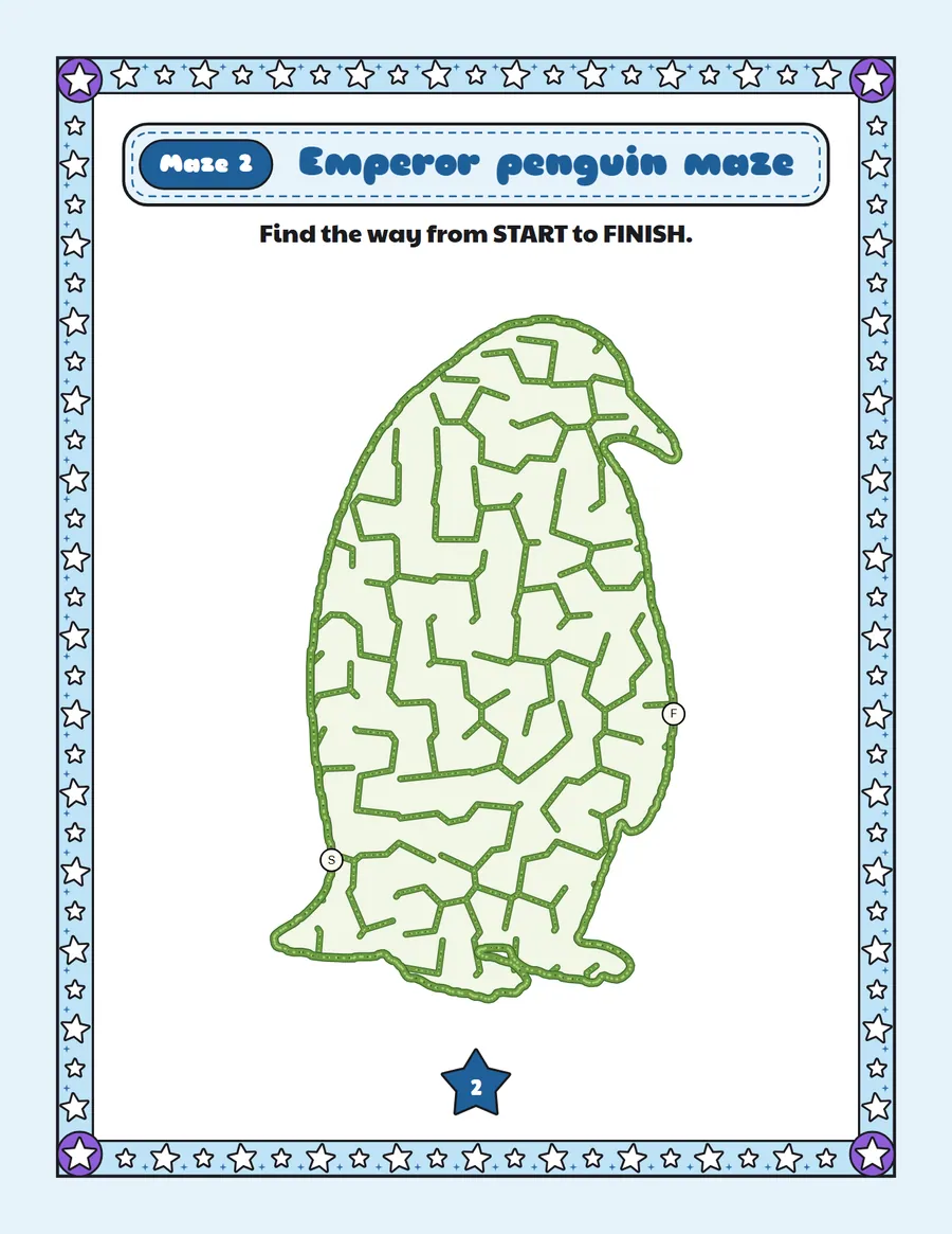 Emperor penguin maze printable: an easy winter maze inside an emperor penguin shape