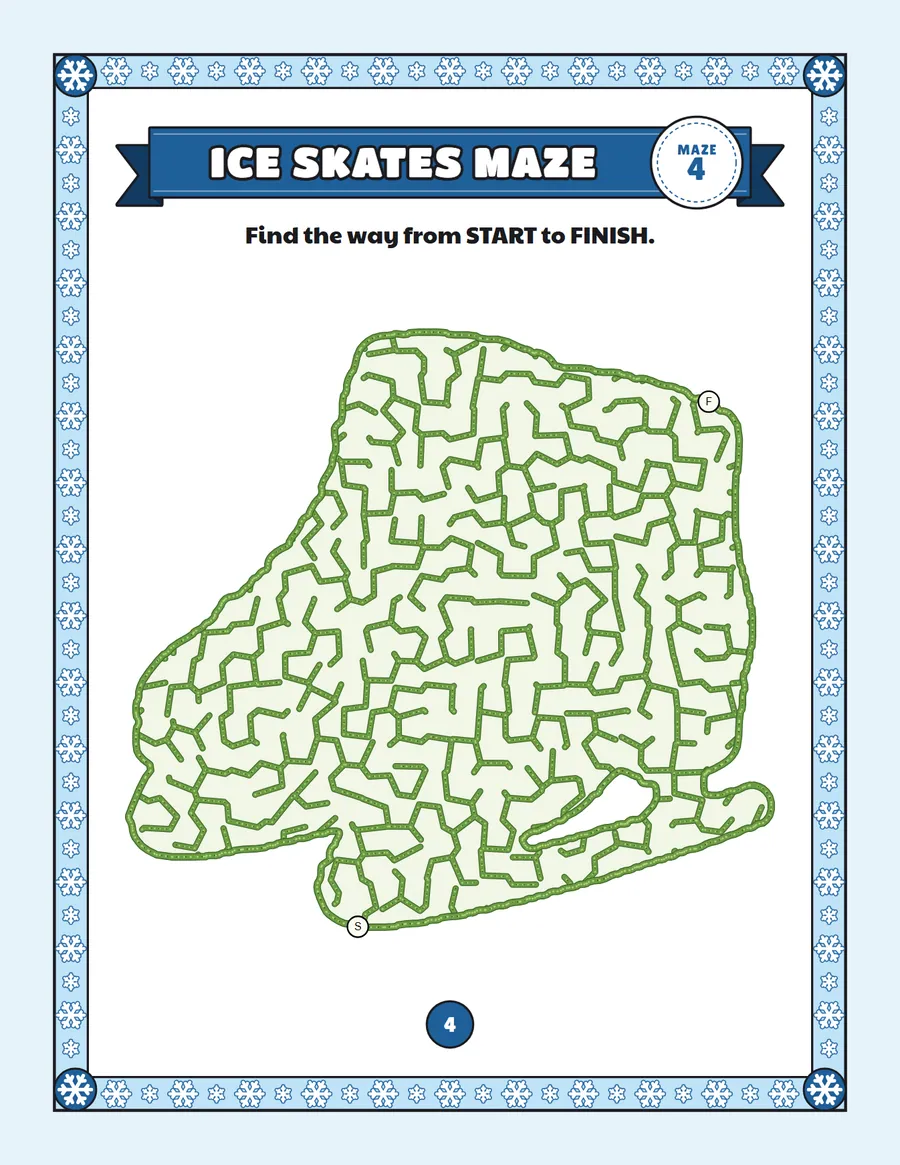 Ice skates maze printable: a gentle winter maze inside an ice skates shape