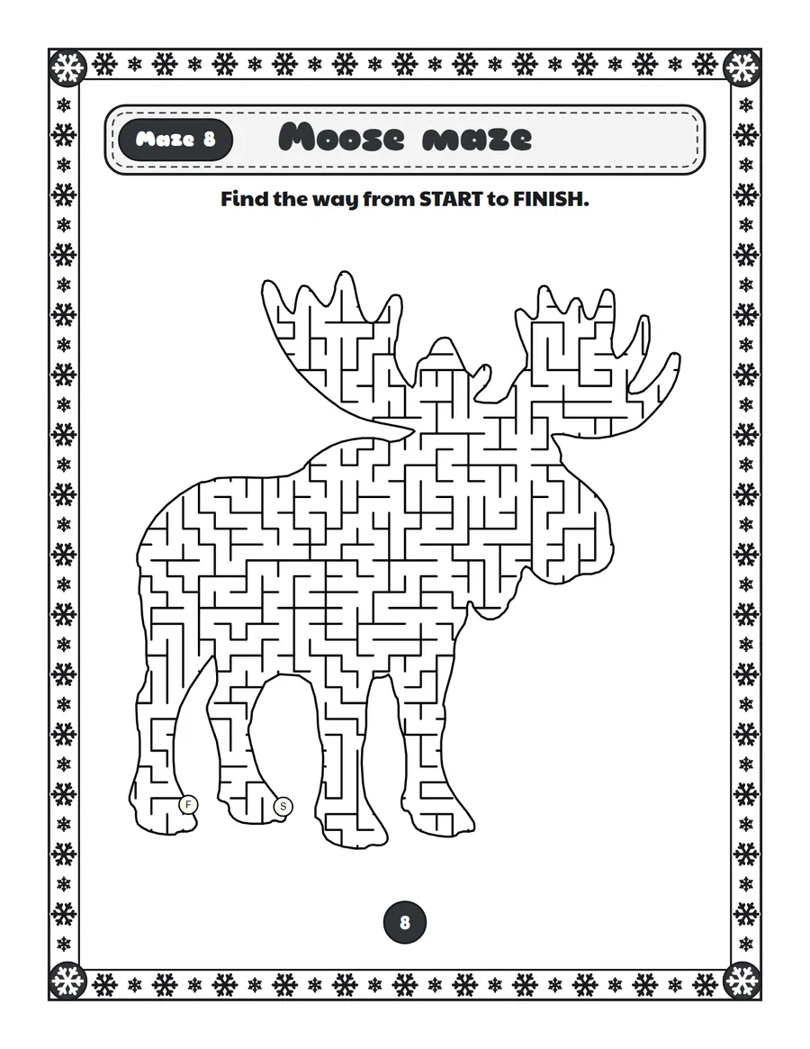 Moose maze printable: a hard winter maze inside a moose shape
