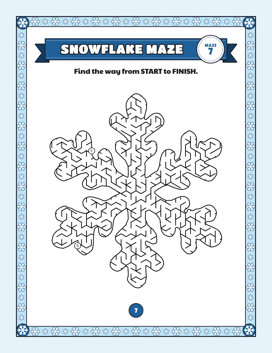 Snowflake maze printable: a hard winter maze inside a snowflake shape