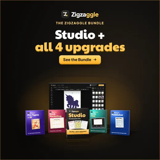 The Zigzaggle Bundle: the Studio box and its four upgrade boxes beside a PC monitor showing the studio, a 1080 × 1080 banner