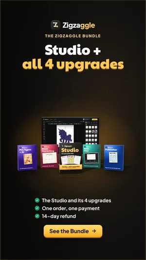 The Zigzaggle Bundle: the Studio box and its four upgrade boxes beside a PC monitor showing the studio, a 1080 × 1920 banner