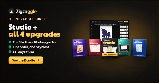 The Zigzaggle Bundle: the Studio box and its four upgrade boxes beside a PC monitor showing the studio, a 1200 × 628 banner
