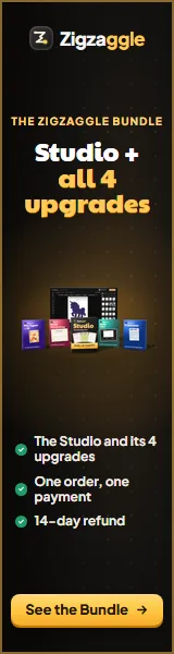 The Zigzaggle Bundle: the Studio box and its four upgrade boxes beside a PC monitor showing the studio, a 160 × 600 banner