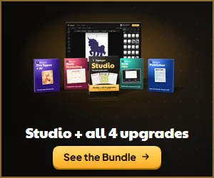 The Zigzaggle Bundle: the Studio box and its four upgrade boxes beside a PC monitor showing the studio, a 300 × 250 banner