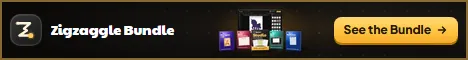 The Zigzaggle Bundle: the Studio box and its four upgrade boxes beside a PC monitor showing the studio, a 468 × 60 banner