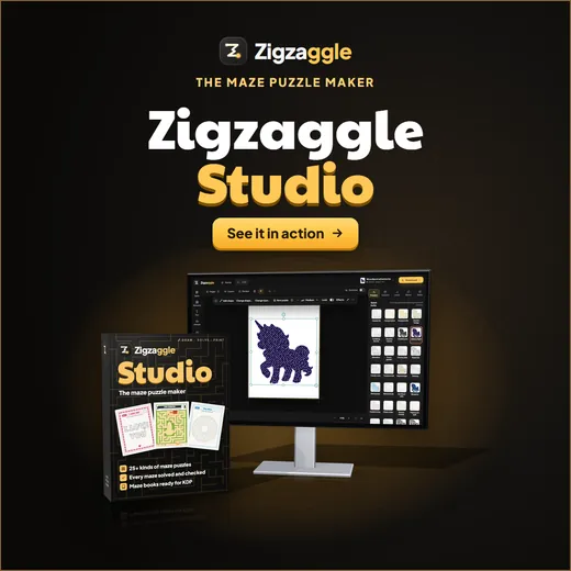 Zigzaggle Studio, the maze puzzle maker: the software box beside a PC monitor showing the studio, a 1080 × 1080 banner