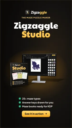 Zigzaggle Studio, the maze puzzle maker: the software box beside a PC monitor showing the studio, a 1080 × 1920 banner