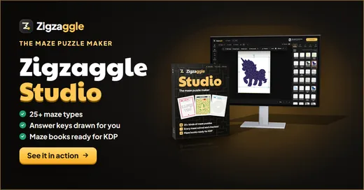 Zigzaggle Studio, the maze puzzle maker: the software box beside a PC monitor showing the studio, a 1200 × 628 banner