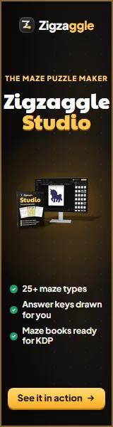 Zigzaggle Studio, the maze puzzle maker: the software box beside a PC monitor showing the studio, a 160 × 600 banner