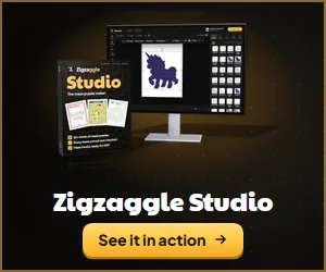 Zigzaggle Studio, the maze puzzle maker: the software box beside a PC monitor showing the studio, a 300 × 250 banner