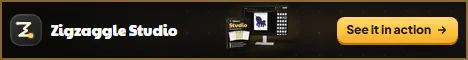 Zigzaggle Studio, the maze puzzle maker: the software box beside a PC monitor showing the studio, a 468 × 60 banner