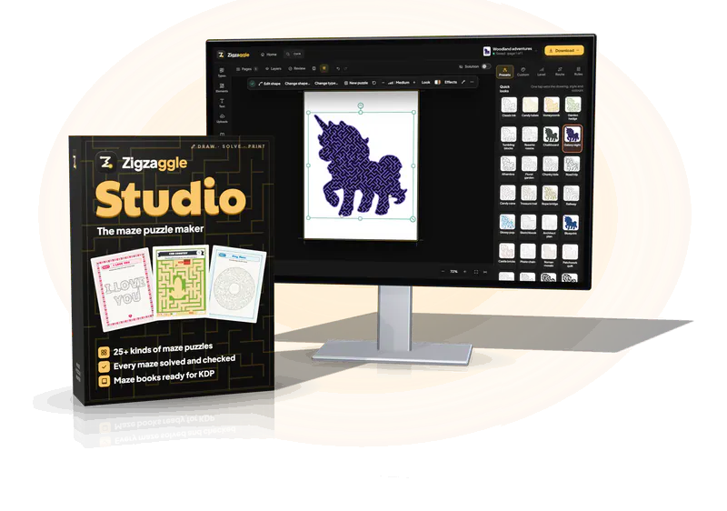 Zigzaggle Studio: the software box beside a PC monitor showing the studio