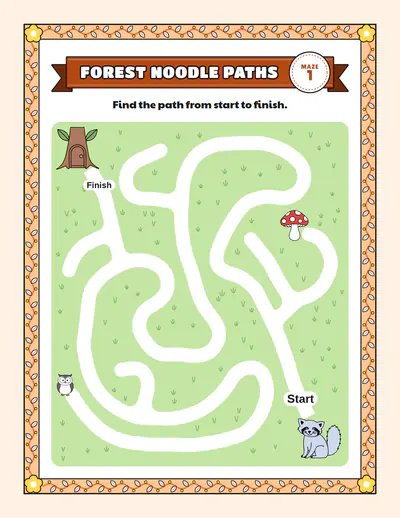 Woodland: Twisty noodles: a noodle path maze, traced from Start to Finish