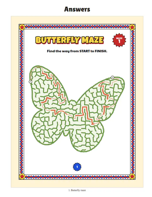 Its answer key page, as the Studio’s book download prints it: the Butterfly maze solved, under the heading Answers