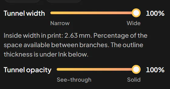 The Tunnel width slider at 100 %: inside width in print 2.63 mm
