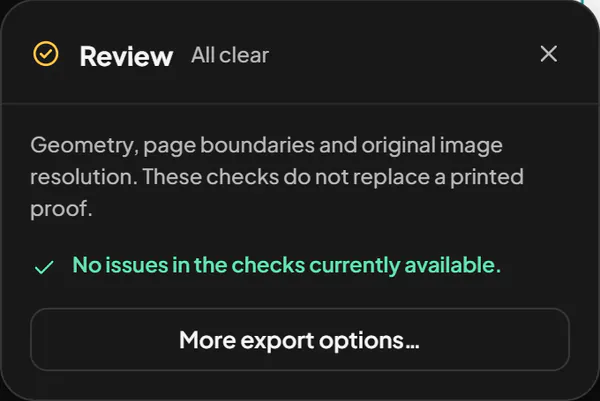 The Studio’s Review drawer, all clear: No issues in the checks currently available.