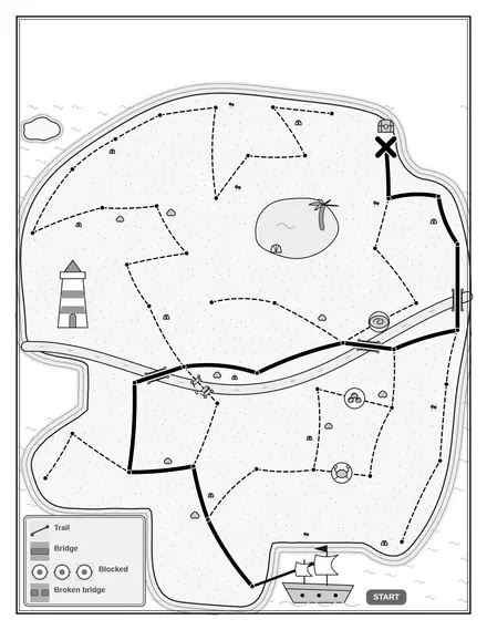 Mermaid reef treasure map: its solution page in black and white, the answer line dashed