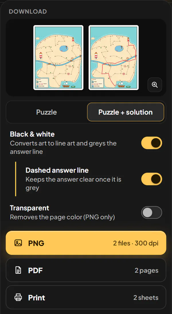 The Download panel with Black & white on and a dashed answer line