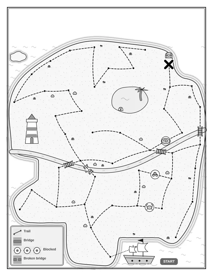Mermaid reef treasure map: the same page as the Studio’s black and white download, in line art