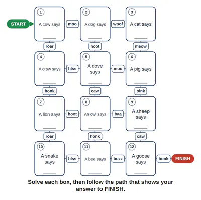 An answer path made from the animal sounds file: one question in each box, the route lit box by box