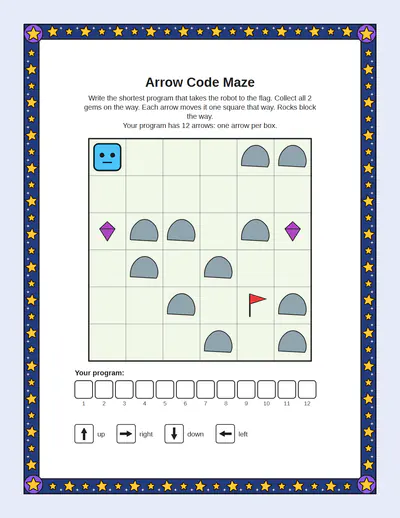 Arrow cards 6 × 6, 2 gems, medium: an arrow code worksheet, the robot on its way to the flag