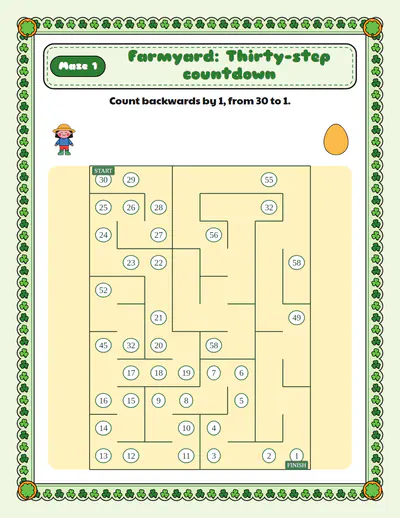 Farmyard: thirty steps, counted down: a number trail, counted down number by number