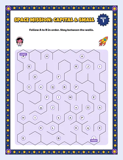 Space mission: Capital & small: an alphabet maze, the trail lit letter by letter